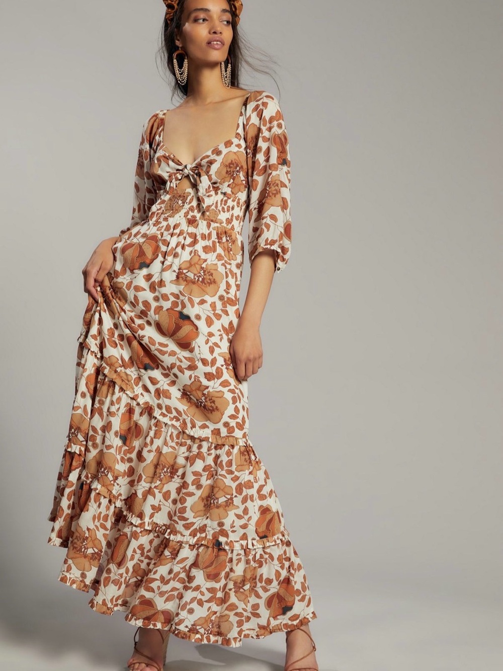 Anthropologie Cream and Brown Floral Tie-Front Maxi Dress